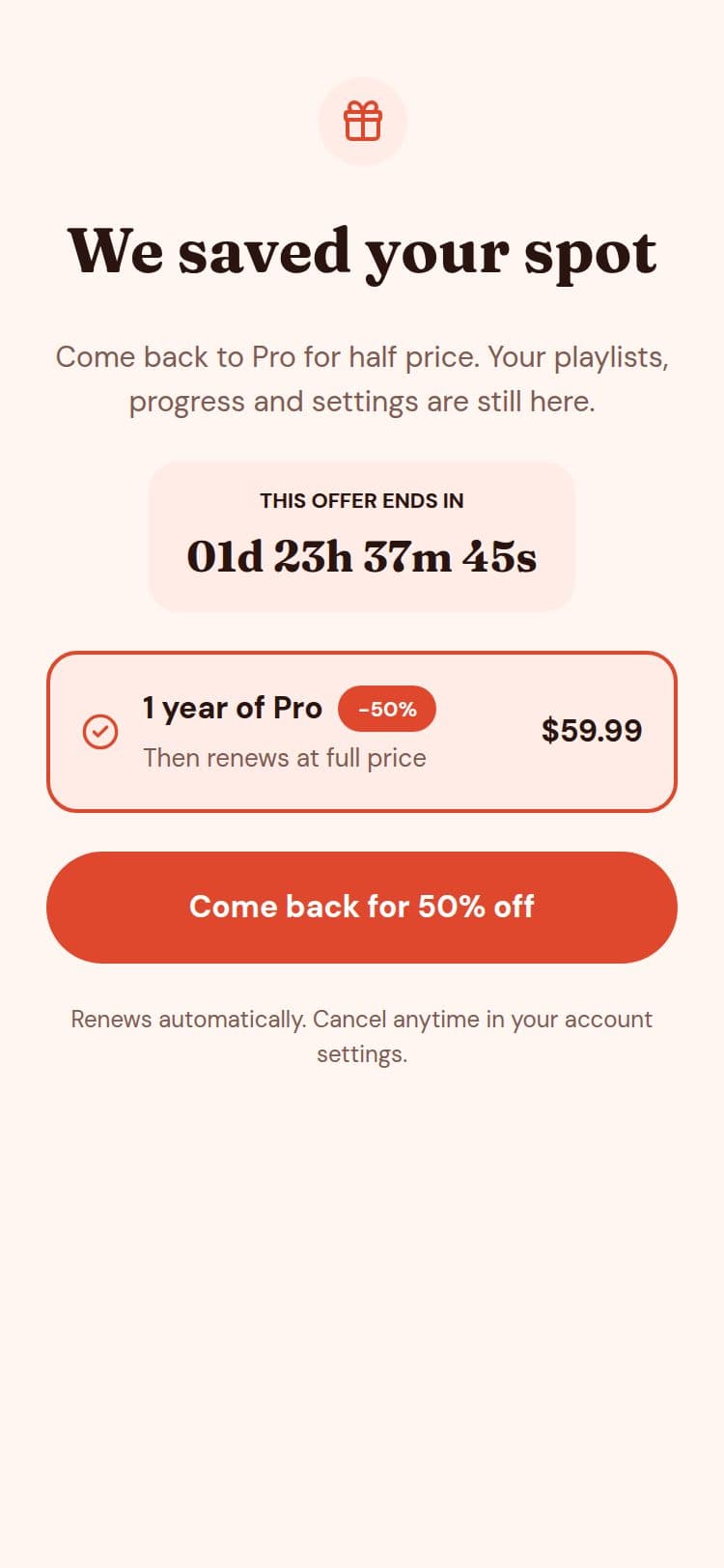 Win-back 50% template, light mode