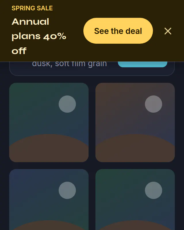 A yellow sale banner across the top of an image tool reading Annual plans 40% off, with a See the deal button