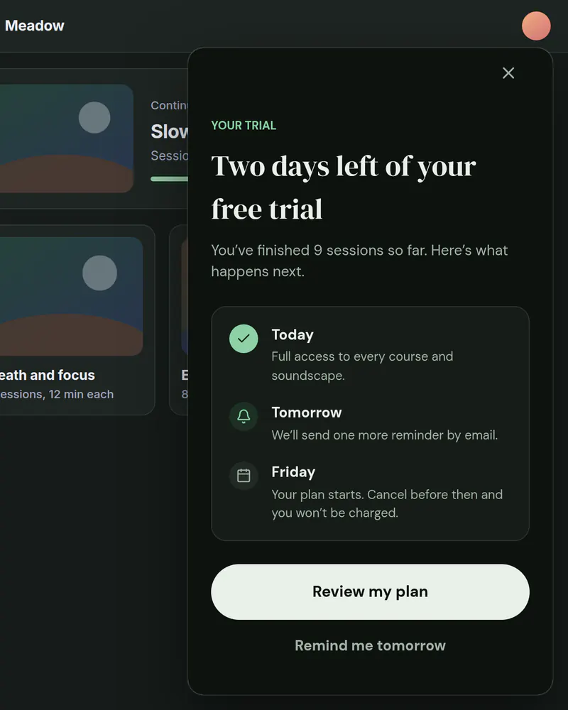 A card in the corner of a learning app titled Two days left of your free trial, with a three-step timeline and a Review my plan button
