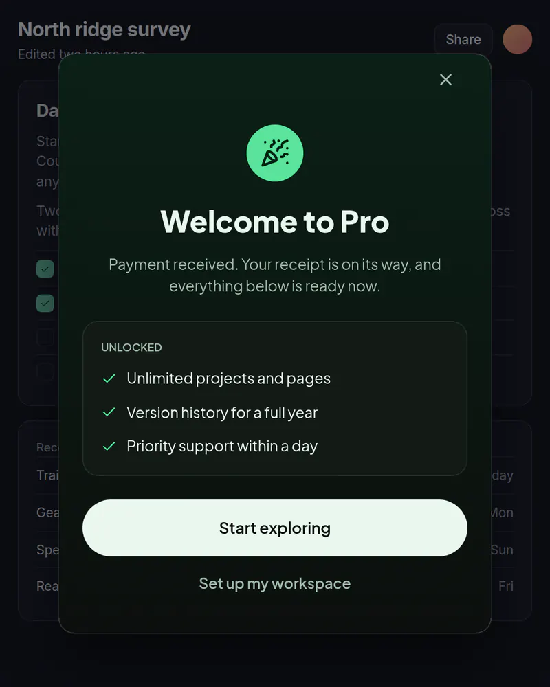 A popup over a notes app titled Welcome to Pro, listing what is unlocked, with a Start exploring button